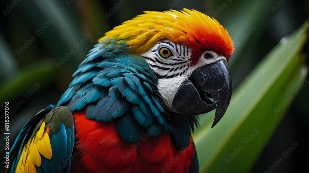 Fototapeta premium close-up guacamayo tropical en la naturaleza, loro with plumas hermosas con fondo negro, ave tropical con plumas de colores aislado
