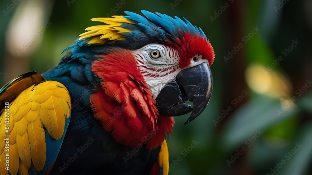 Obraz premium close-up guacamayo tropical en la naturaleza, loro with plumas hermosas con fondo negro, ave tropical con plumas de colores aislado