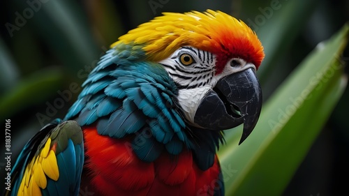 close-up guacamayo tropical en la naturaleza, loro with plumas hermosas con fondo negro, ave tropical con plumas de colores aislado
