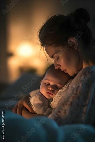 Mother Holding Sleeping Baby in Warmly Lit Bedroom 