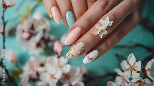 Female hands with beautiful Easter inspired pastel colors nail design on long almond form nails. Woman hands with trendy polish manicure on background with spring flowers PHOTOGRAPHY


