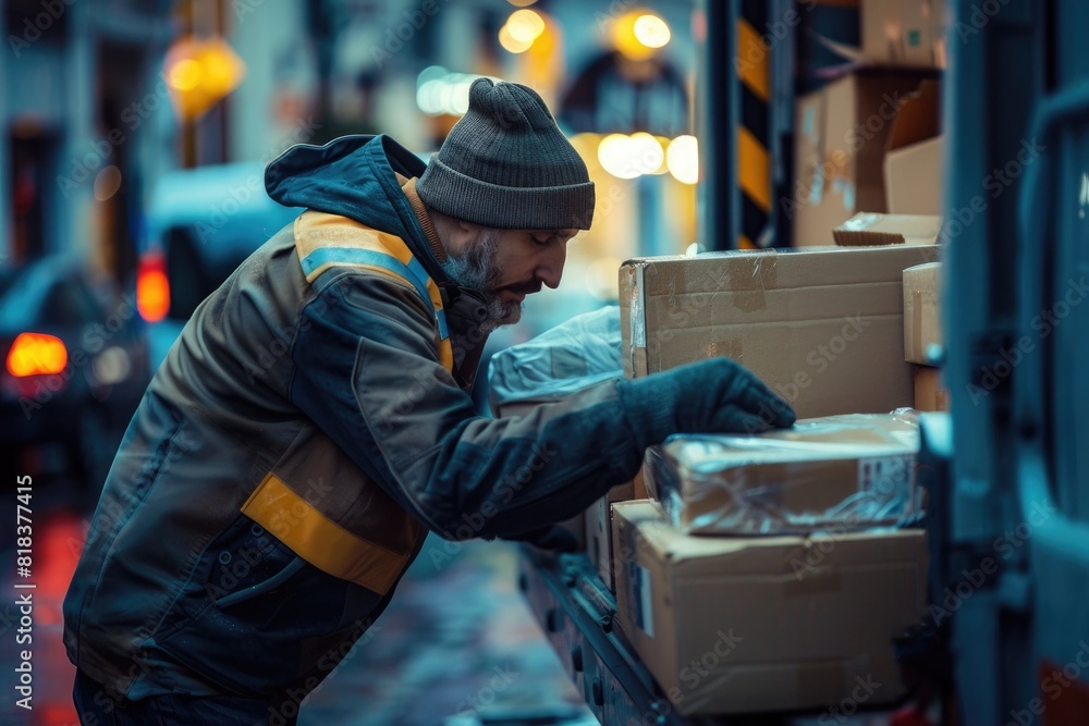 courier loading big packages boxes into a van, delivering parcels, van full of boxes courier loading big packages boxes into a van, delivering parcels, van full of boxes