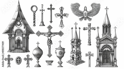 Faith in God concept sketch. Worship, church, religious symbols in vintage engraving . Vector illustration 3d avatrs set vector icon,