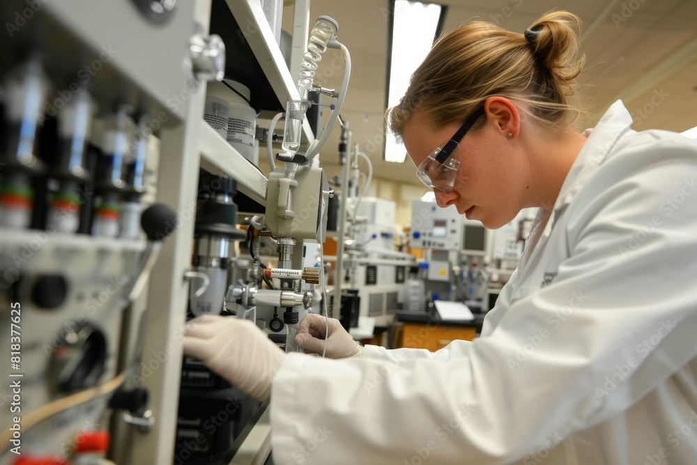 female scientist adjusting equipment in a laboratory female scientist adjusting equipment in a laboratory