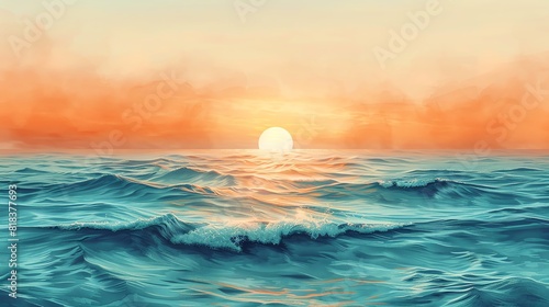A serene watercolor painting of a sunset over a calm ocean, with gentle waves and a gradient sky Isolated background with ample copy space photo