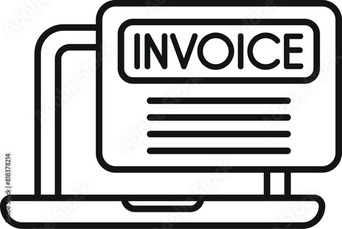 Black and white line art of a laptop computer displaying an invoice icon on the screen