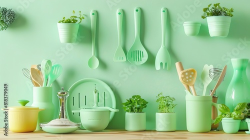 A variety of green kitchen utensils hang on a wall with several green potted plants. photo