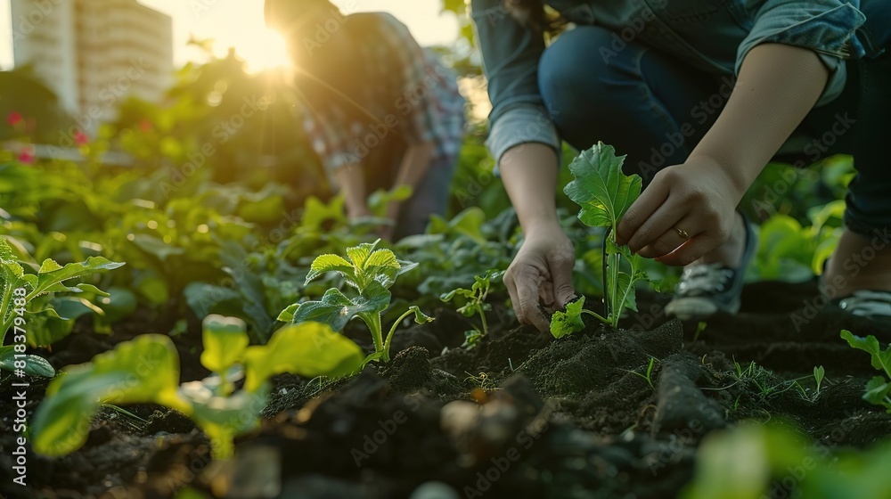 Fototapeta premium A young couple is planting seedlings in their garden