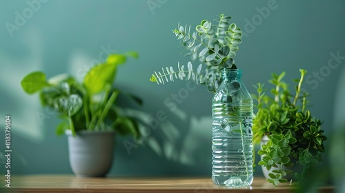 A beautiful still life image of a clear plastic bottle filled with water and eucalyptus sprigs