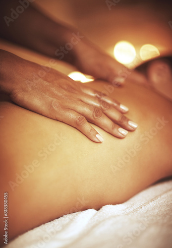 Hands  back massage and masseuse with woman at spa for luxury  calm and relaxing pamper routine. Beauty  aromatherapy and therapist with female person for muscle tension relief treatment at resort.