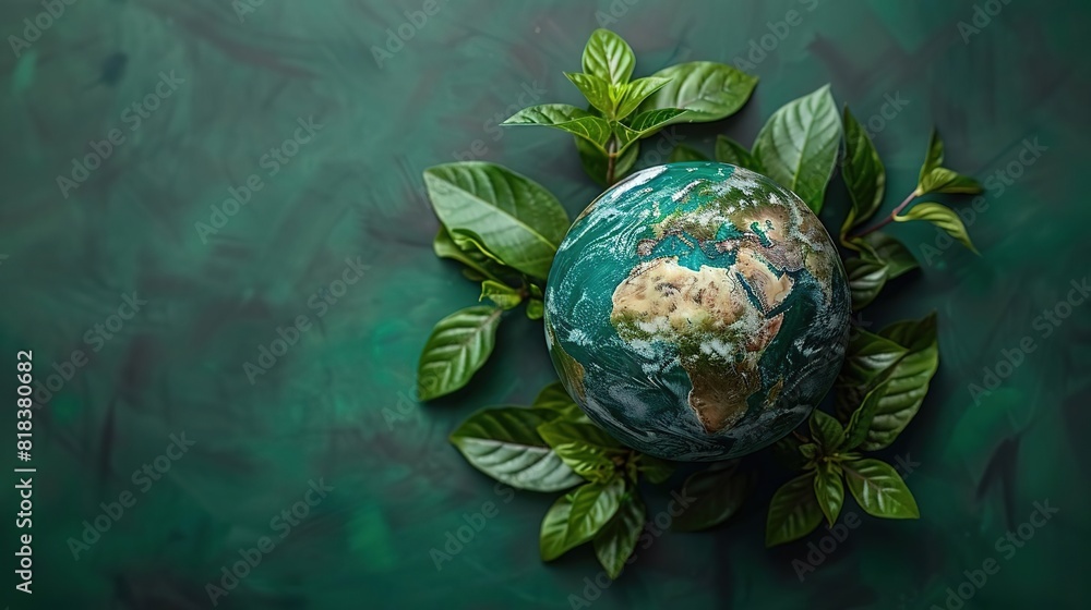 A beautiful planet Earth sits in the center of a lush green wreath made of leaves A beautiful planet Earth sits in the center of a lush green wreath made of leaves