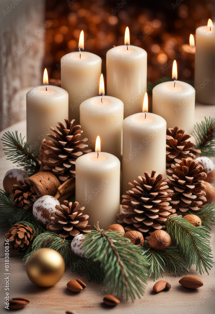 typisch weihnachtliche kerzen, mit verschwommenen Hintergrund, Adventskranz typisch weihnachtliche kerzen, mit verschwommenen Hintergrund, Adventskranz