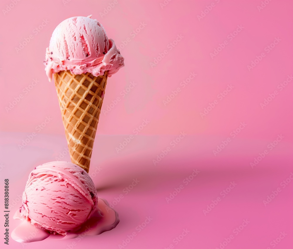 strawberry ice cream in a cone. a scoop of ice cream on a pink bright background strawberry ice cream in a cone. a scoop of ice cream on a pink bright background
