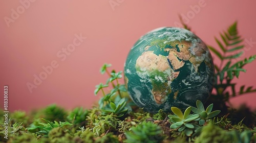 A beautiful image of a small globe sitting on a bed of moss, surrounded by lush greenery. The globe is a reminder of our fragile planet and the importance of protecting it.
