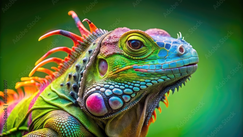 Green iguana with glasses, green chameleon with glasses, lizard on a gradient green background with light spots, about glow, lamp light, background for copying, animal world