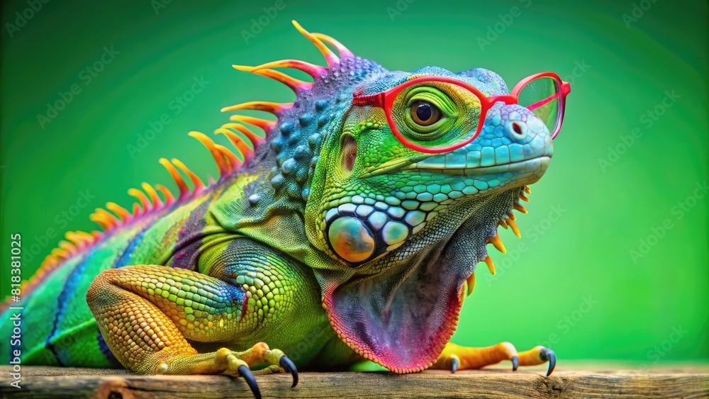 Fototapeta premium Green iguana with glasses, green chameleon with glasses, lizard on a gradient green background with light spots, about glow, lamp light, background for copying, animal world