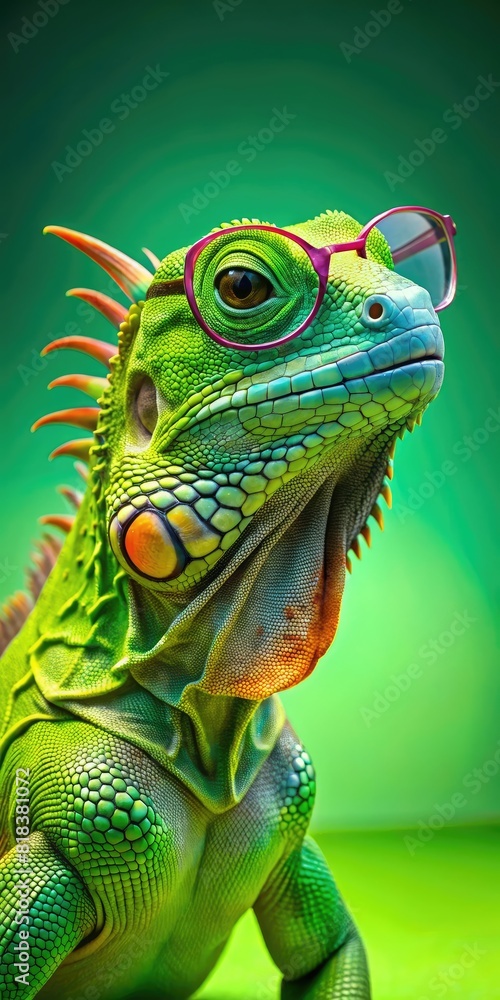 Obraz premium Green iguana with glasses, green chameleon with glasses, lizard on a gradient green background with light spots, about glow, lamp light, background for copying, animal world