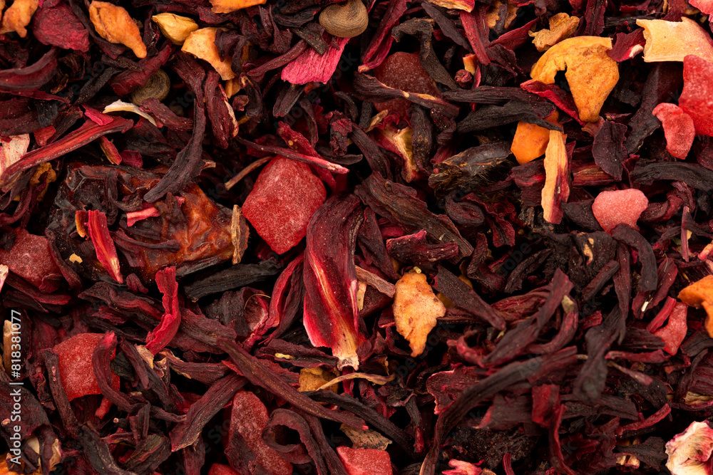 large-leaf tea with fruit additives, candied fruits, flower petals large-leaf tea with fruit additives, candied fruits, flower petals