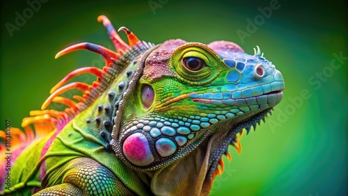 Green iguana with glasses  green chameleon with glasses  lizard on a gradient green background with light spots  about glow  lamp light  background for copying  animal world