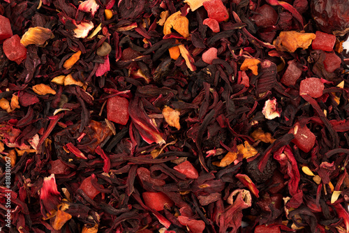 large-leaf tea with fruit additives, candied fruits, flower petals