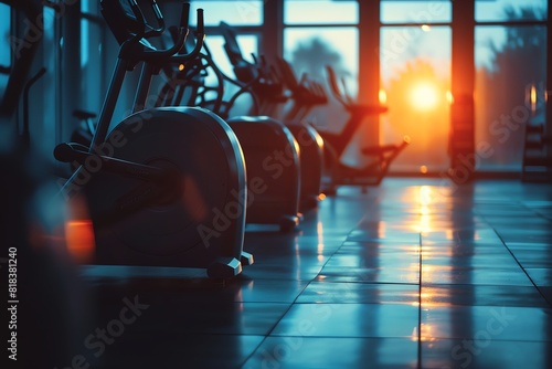 Fitness equipment close up, focus on, copy space sleek design Double exposure silhouette with gym machines photo