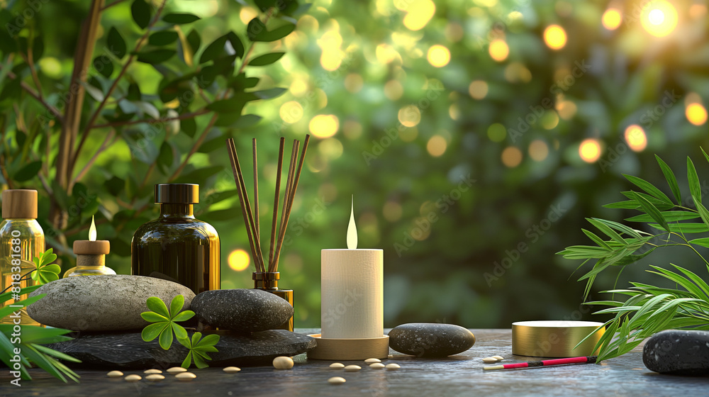 Spa set with stones, candles, incense sticks and natural oils on the background of a green garden