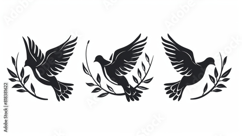  Flying dove with olive branch badge. Bird and twig symbol of peace and freedom. Pigeon icon in linear style 3d avatrs set vector icon  white