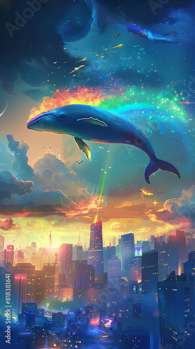 A whale gliding through a night sky over the city