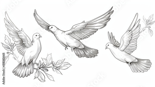 
Flying peace dove with olive branch. Spiritual purity symbol sketch. Vector illustration in vintage engraving 3d avatrs set vector icon, photo