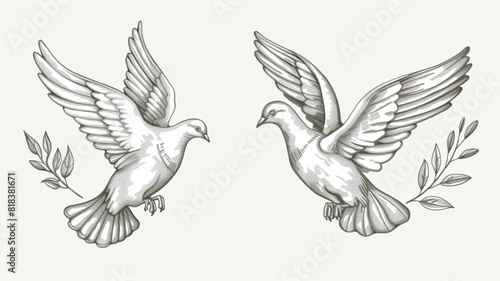  Flying peace dove with olive branch. Spiritual purity symbol sketch. Vector illustration in vintage engraving 3d avatrs set vector icon 