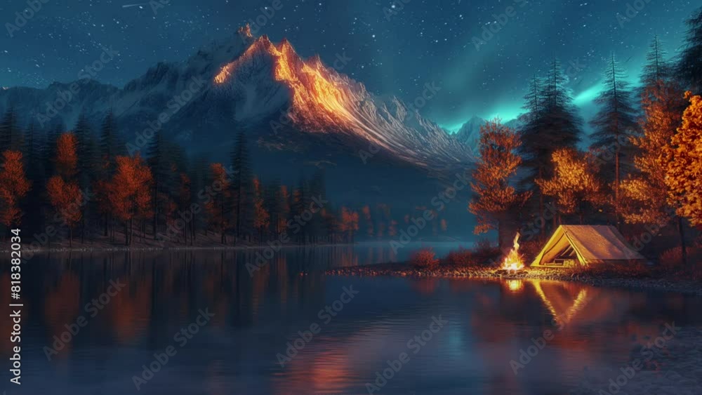 Autumn forest, Camping in the mountain at night with aurora starry night sky, bonfire, tent, mountains, river, in cartoon illustration style background Autumn forest, Camping in the mountain at night with aurora starry night sky, bonfire, tent, mountains, river, in cartoon illustration style background