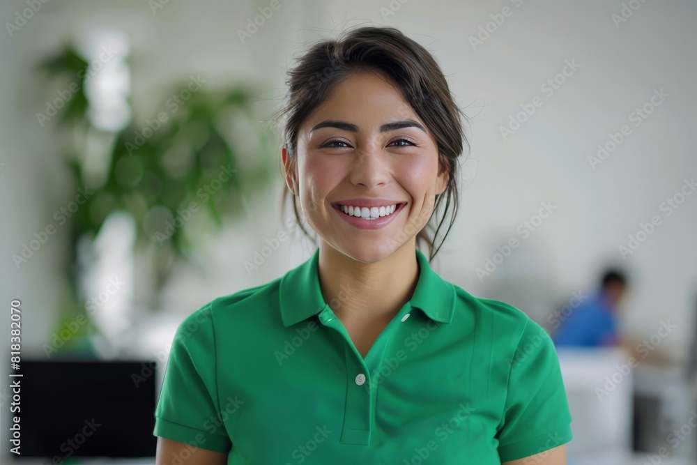 A young mexican community manager wearing a green polo shirt in a white office, laugh A young mexican community manager wearing a green polo shirt in a white office, laugh
