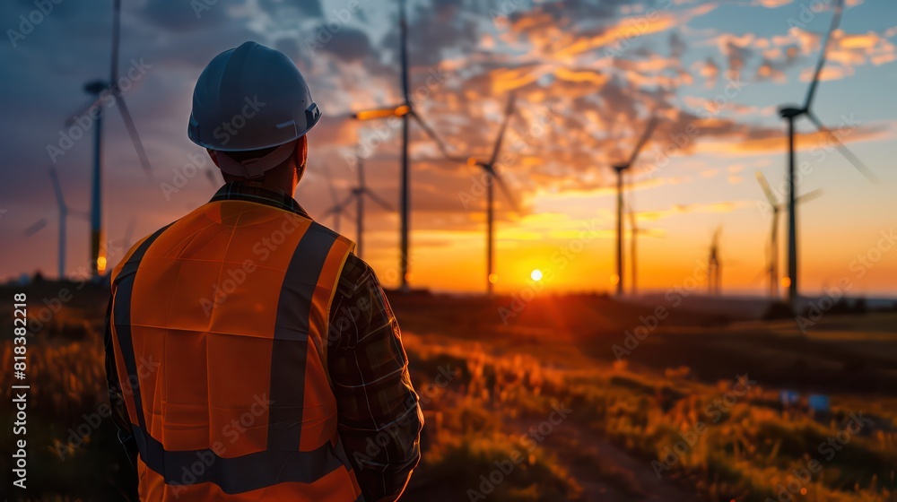 Engineer admiring sunset at wind farm after successful day Engineer admiring sunset at wind farm after successful day