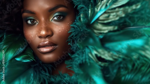 Fashion editorial Concept. Closeup portrait of pretty black woman chiseled features, surround in emerald green soft feathers boa. illuminated dynamic composition dramatic lighting. copy text space © Ibad
