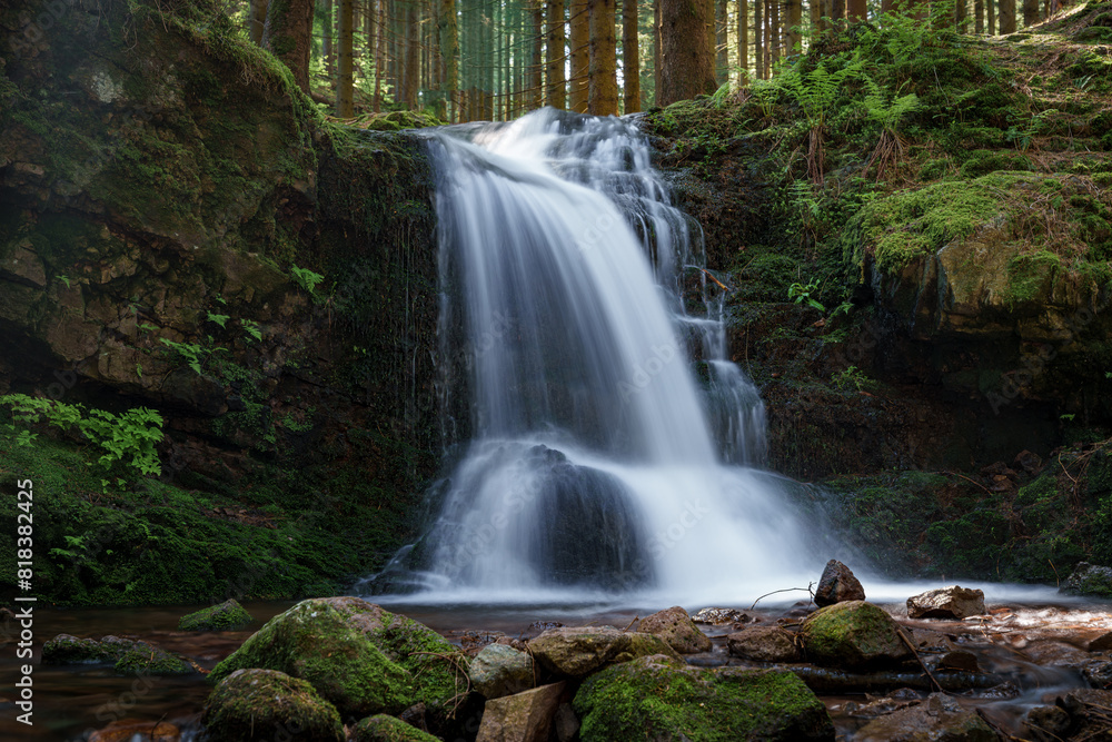 A serene waterfall flows through lush vegetation in a forested ecoregion A serene waterfall flows through lush vegetation in a forested ecoregion