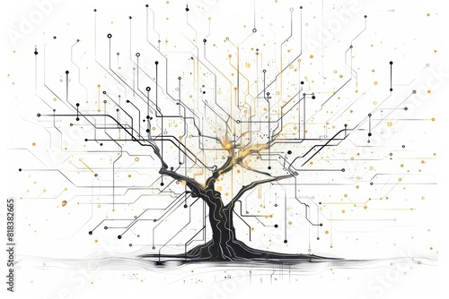 A sketch illustration of a tree composed of circuit lines and nodes photo