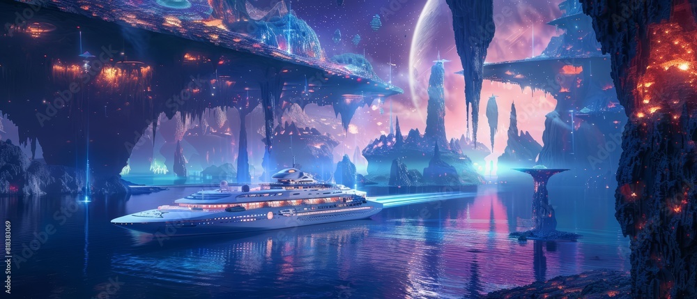 A surreal scene featuring a hightech cruise ship gliding through an otherworldly ocean, with floating islands and mystical lights, creating a dreamlike and fantastical environment A surreal scene featuring a hightech cruise ship gliding through an otherworldly ocean, with floating islands and mystical lights, creating a dreamlike and fantastical environment
