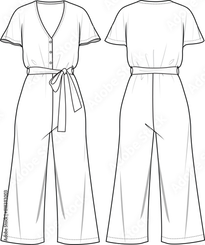 Women's Half Button, Short Sleeve, and Self Belt Jumpsuit. Technical fashion illustration. Front and back, white color. Women's CAD mock-up.