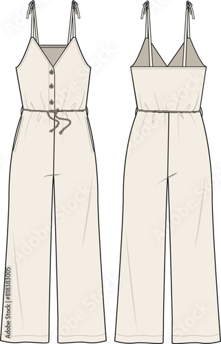 Women's Button Front, Rope Belt, Knot Strap Cami Jumpsuit. Technical fashion illustration. Front and back, light beige color. Women's CAD mock-up.