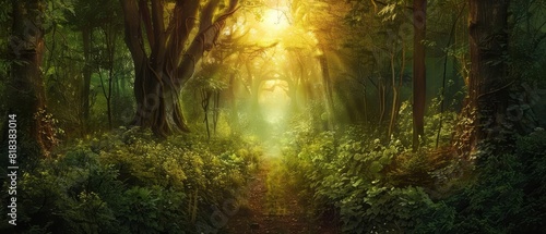 A surreal scene featuring a forest path leading to a radiant