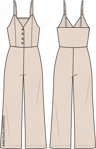 Women's Button Front, Strap Cami Jumpsuit. Technical fashion illustration. Front and back,  beige color. Women's CAD mock-up.