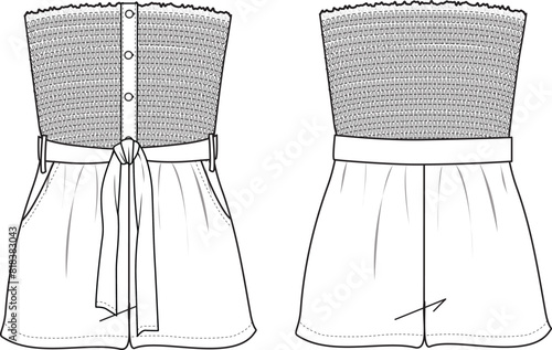 Women's Shirred, Button Front Playsuit.Technical fashion illustration. Front and back, white color. Women's CAD mock-up.