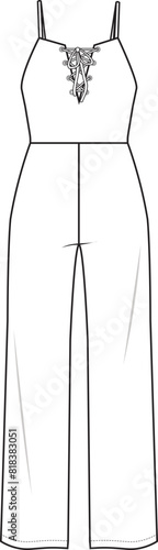 Women's Lace-up Wide Leg Jumpsuit. Technical fashion jumpsuit illustration. Front, white color. Women's CAD mock-up.
