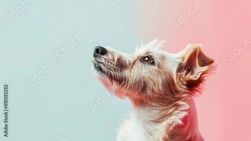 A closeup portrait of a dog looking up at something off-camera with a soft, focused background.