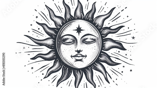  Glowing sun with a face. Hand drawn illustration in boho for mystical design, tarot cards, tattoo and sticker 3d avatrs set vector icon,