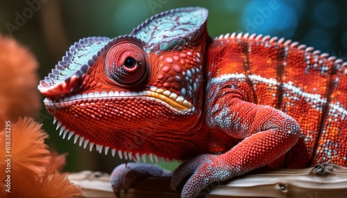  A detailed macro shot of a chameleon clinging to a branch  its skin displaying a vibrant