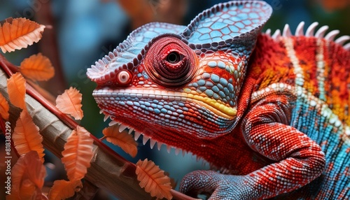  A detailed macro shot of a chameleon clinging to a branch  its skin displaying a vibrant