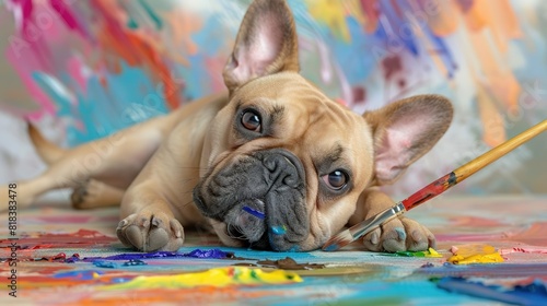 A French Bulldog lies on a canvas, surrounded by colorful paint. The dog has a paintbrush in its mouth and is looking at the camera with a curious expression.