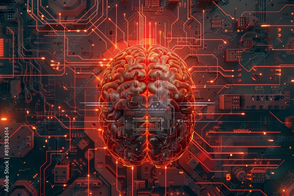 A topview image of a glowing brain integrated into a circuit board A topview image of a glowing brain integrated into a circuit board