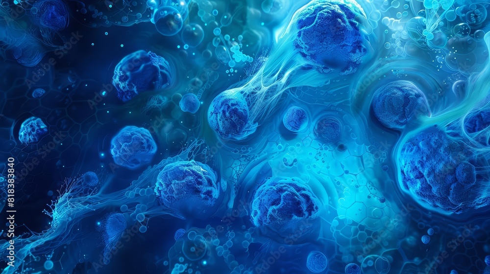 A topview image of blue cells in a fluid environment A topview image of blue cells in a fluid environment
